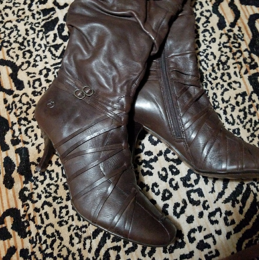 brown leather calf length boots